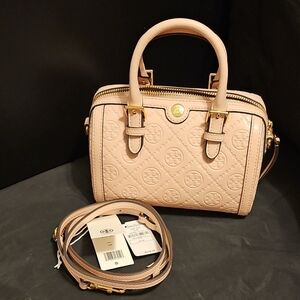 Tory Burch Monogram Leather Mini Barrel Bag, Pink, Has Chemical Smell